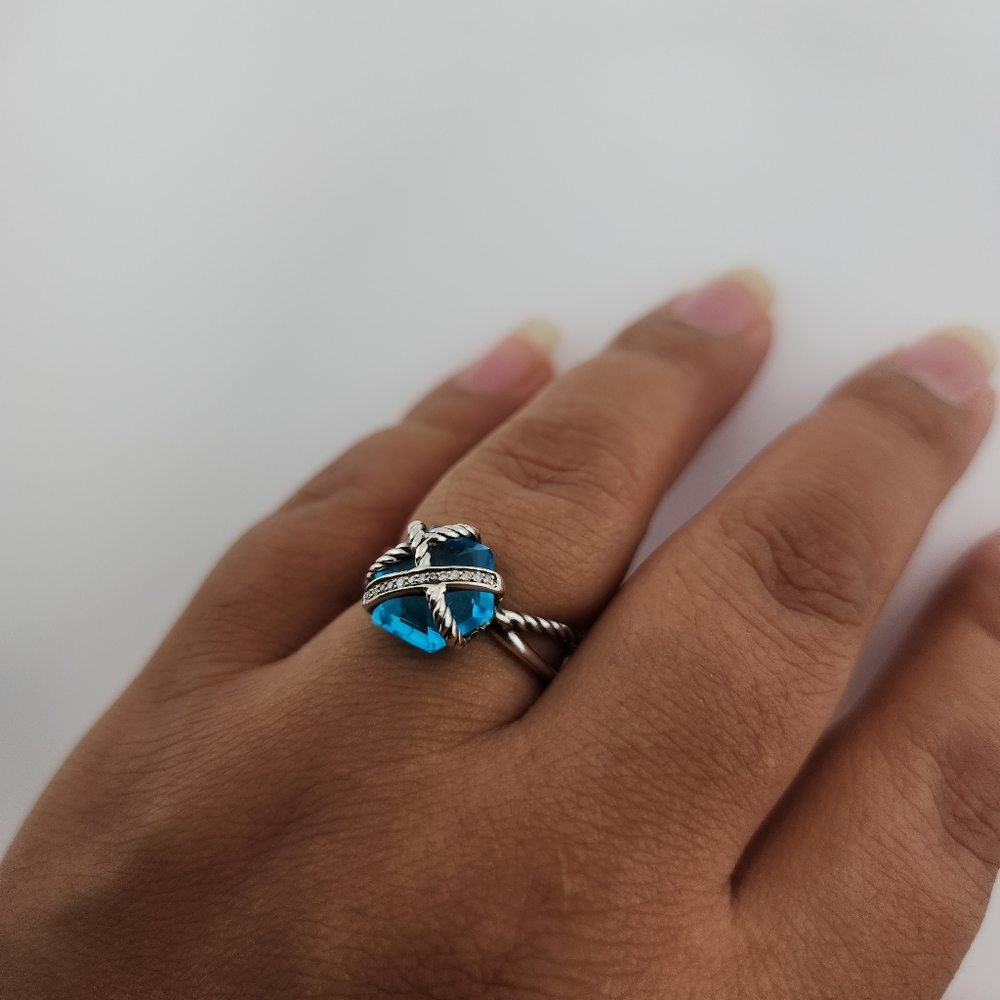 David Yurman Cable Wrap Ring with Blue Topaz and Diamonds - Picture 6 of 7